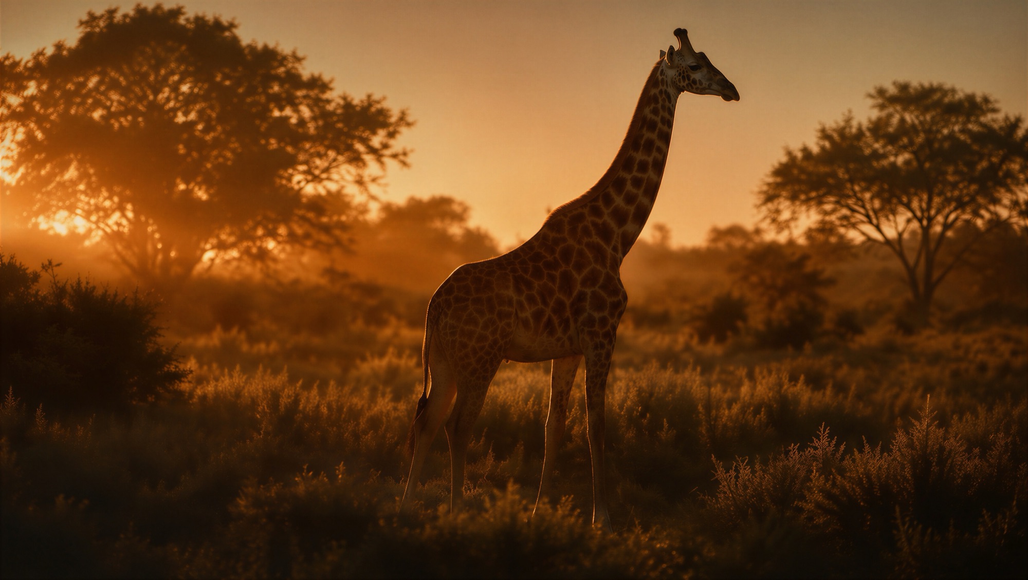 A giraffe standing in open bush at sunrise, backlit by low golden light.